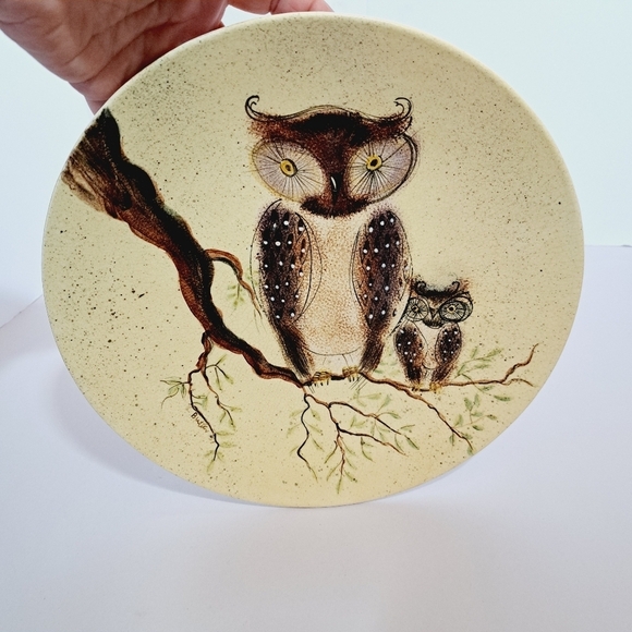 Vintage Artist Signed 1951 Momma‎ and Baby Owl in a Tree wall Plate 11" - Picture 1 of 7